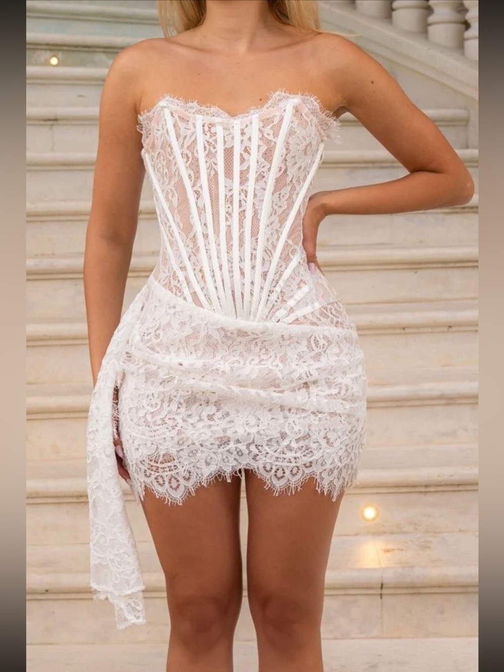 Bridal White Lace Corset Mini Dress